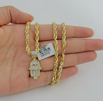 Solid 10k Gold Rope Chain Diamond Pendant Hamza Hand Charm Necklace 22" SET REAL - Reva Jeweler