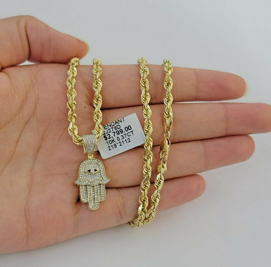 Solid 10k Gold Rope Chain Diamond Pendant Hamza Hand Charm Necklace 22" SET REAL - Reva Jeweler