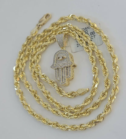 Solid 10k Gold Rope Chain Diamond Pendant Hamza Hand Charm Necklace 22" SET REAL - Reva Jeweler