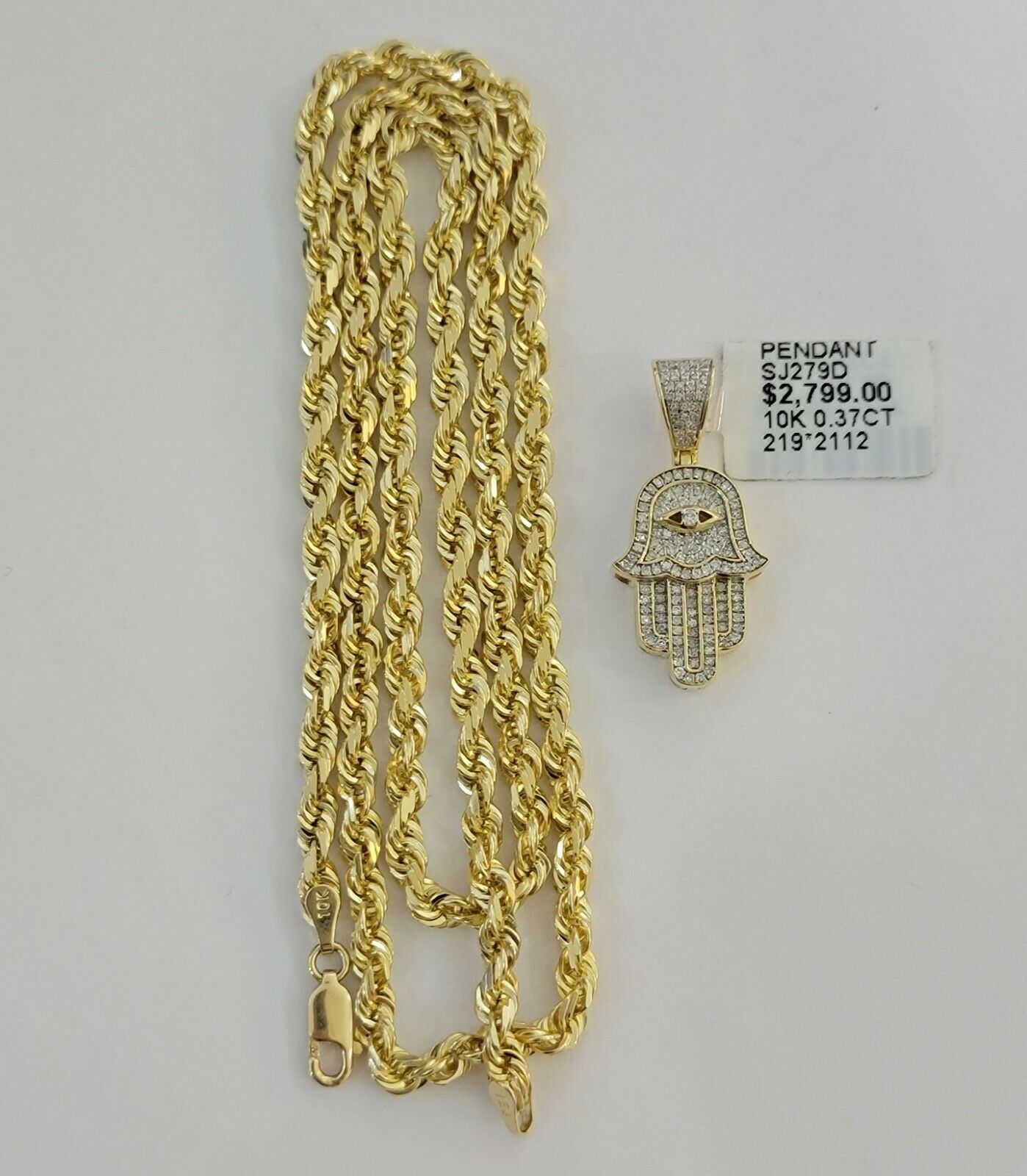 Solid 10k Gold Rope Chain Diamond Pendant Hamza Hand Charm Necklace 22" SET REAL - Reva Jeweler