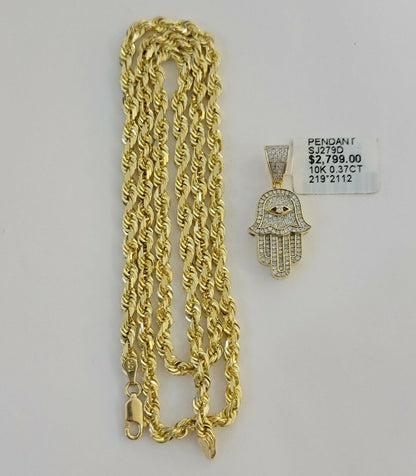 Solid 10k Gold Rope Chain Diamond Pendant Hamza Hand Charm Necklace 22" SET REAL - Reva Jeweler