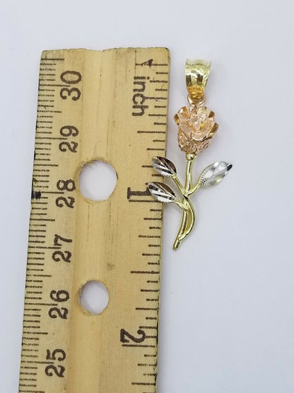 Solid 10k Rose Yellow White Gold Rose Flower Charm Trio Pendant DiamondCut Women - Reva Jeweler