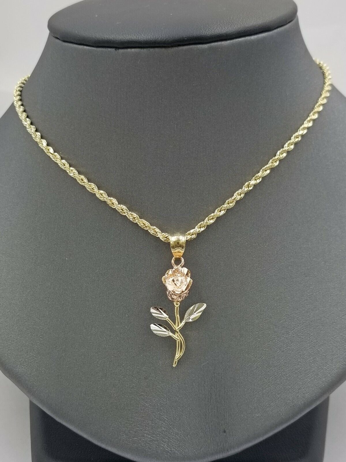 Solid 10k Rose Yellow White Gold Rose Flower Charm Trio Pendant DiamondCut Women - Reva Jeweler