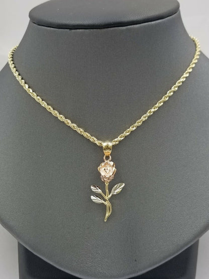 Solid 10k Rose Yellow White Gold Rose Flower Charm Trio Pendant DiamondCut Women - Reva Jeweler