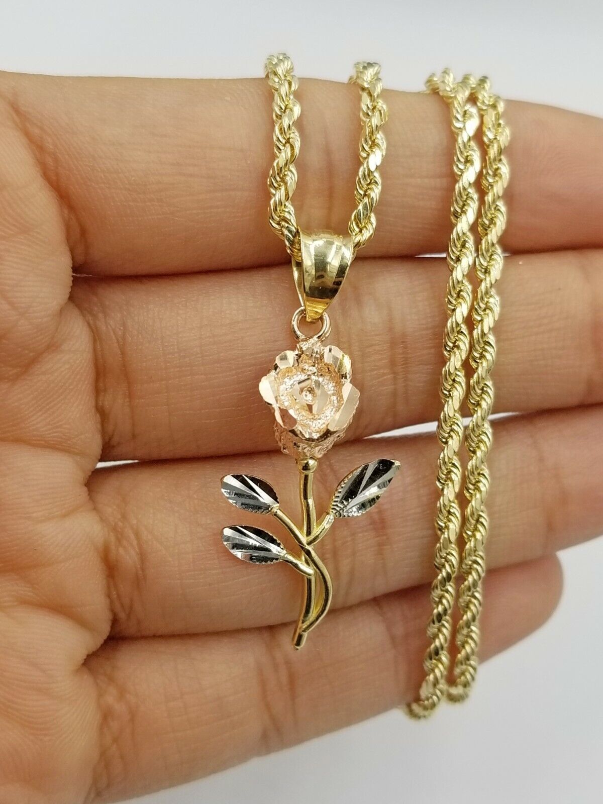 Solid 10k Rose Yellow White Gold Rose Flower Charm Trio Pendant DiamondCut Women - Reva Jeweler
