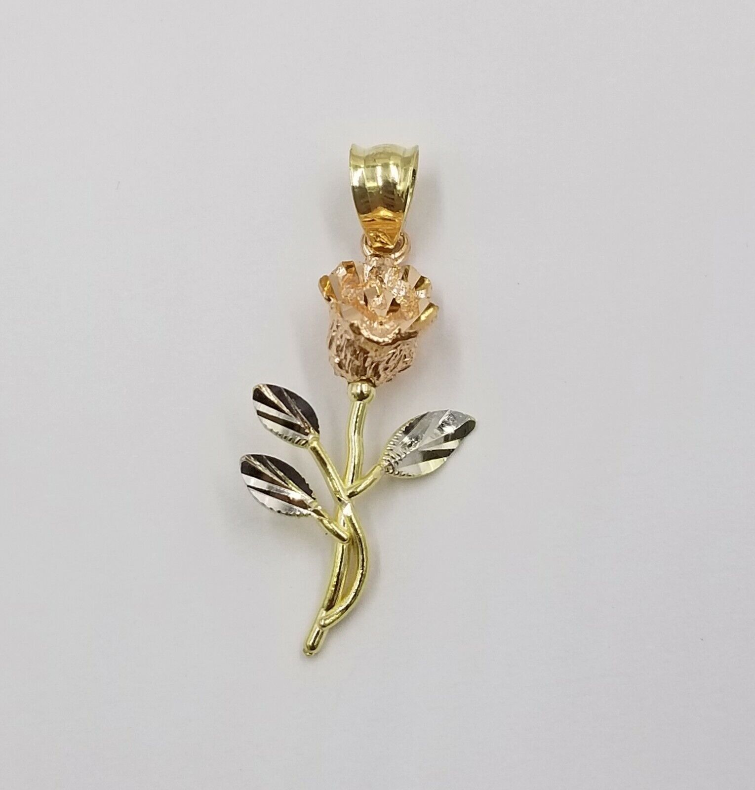 Solid 10k Rose Yellow White Gold Rose Flower Charm Trio Pendant DiamondCut Women - Reva Jeweler