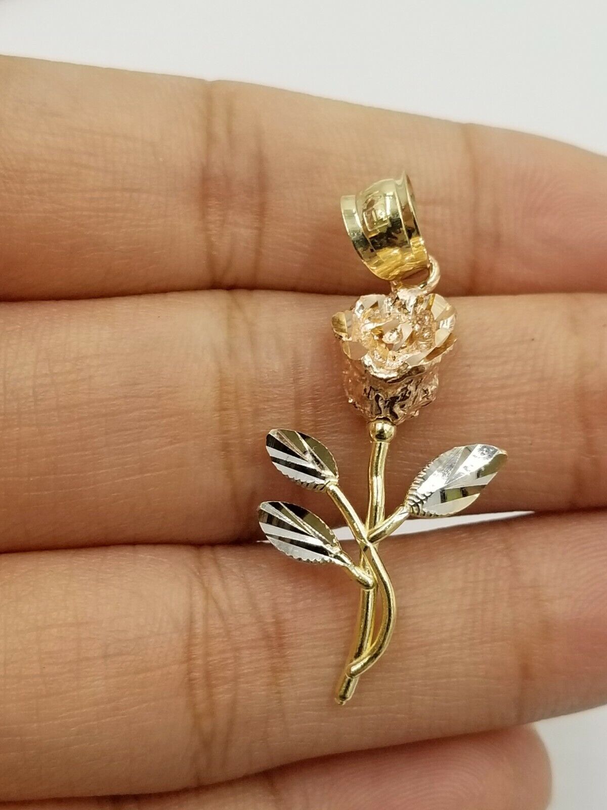 Solid 10k Rose Yellow White Gold Rose Flower Charm Trio Pendant DiamondCut Women - Reva Jeweler