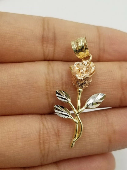 Solid 10k Rose Yellow White Gold Rose Flower Charm Trio Pendant DiamondCut Women - Reva Jeweler