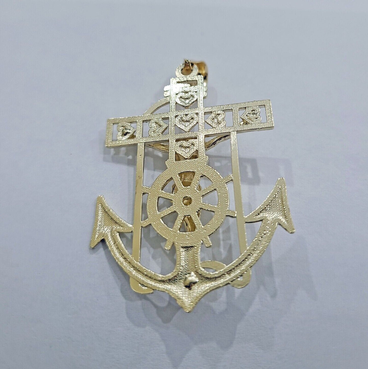 Solid 10k Yellow Gold Charm Anchor Pendant Mens Real 10 KT With Jesus crucifix - Reva Jeweler