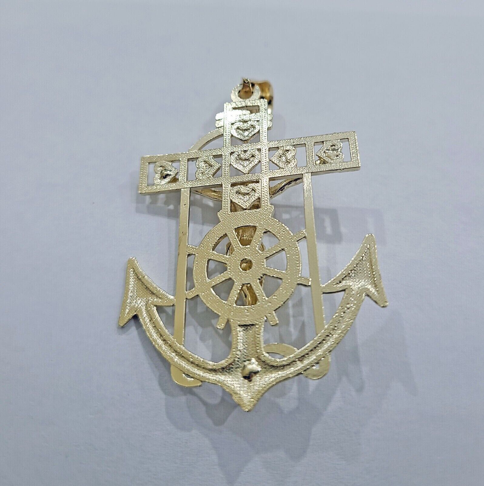 Solid 10k Yellow Gold Charm Anchor Pendant Mens Real 10 KT With Jesus crucifix - Reva Jeweler