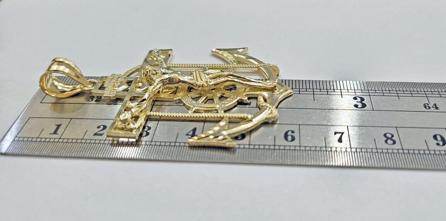 Solid 10k Yellow Gold Charm Anchor Pendant Mens Real 10 KT With Jesus crucifix - Reva Jeweler
