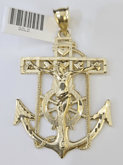 Solid 10k Yellow Gold Charm Anchor Pendant Mens Real 10 KT With Jesus crucifix - Reva Jeweler