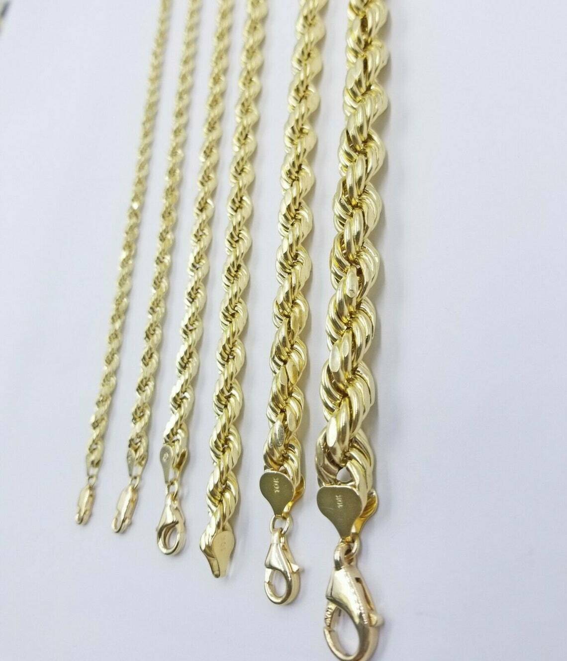 Solid 10k Yellow Gold Rope Chain Pendant Necklace 4mm - 10mm Diamond Cut 18" - 30" - Reva Jeweler
