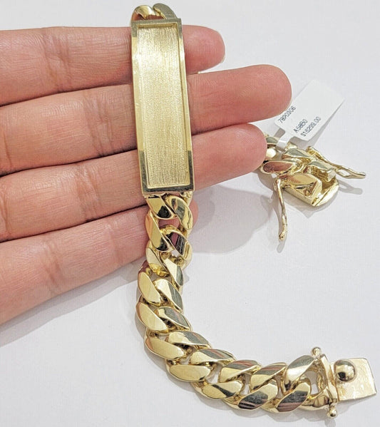 Solid 14k Bracelet Yellow Gold Miami Cuban link ID 12mm Name Plate 8.5" Box Lock - Reva Jeweler