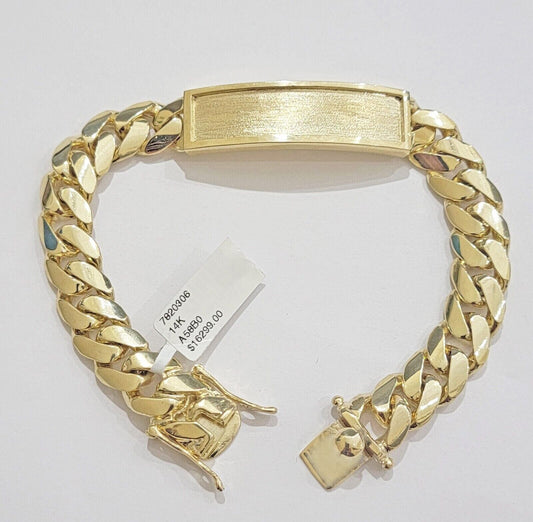 Solid 14k Bracelet Yellow Gold Miami Cuban link ID 12mm Name Plate 8.5" Box Lock - Reva Jeweler