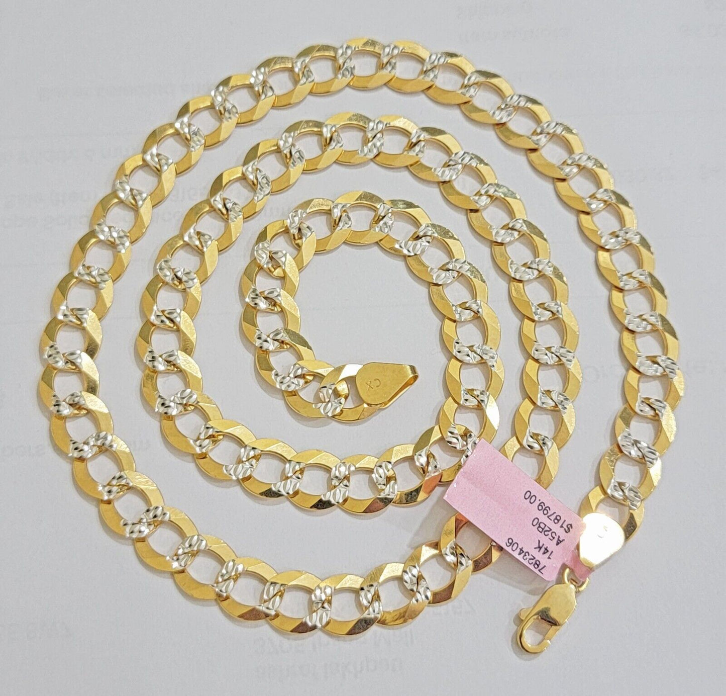Solid 14k Gold Chain necklace Cuban Curb Link 9.5mm Two - Tone Diamond Cut 20 - 30" - Reva Jeweler