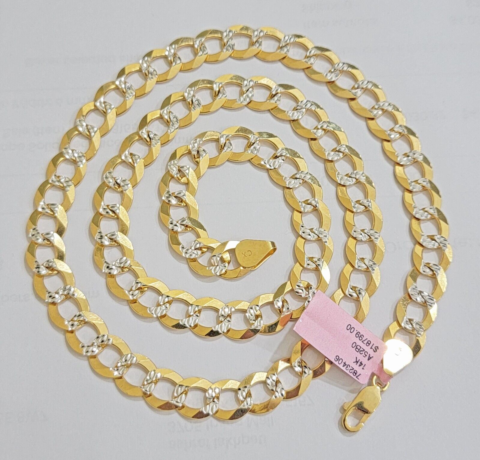 Solid 14k Gold Chain necklace Cuban Curb Link 9.5mm Two - Tone Diamond Cut 20 - 30" - Reva Jeweler