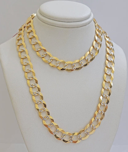 Solid 14k Gold Chain necklace Cuban Curb Link 9.5mm Two - Tone Diamond Cut 20 - 30" - Reva Jeweler