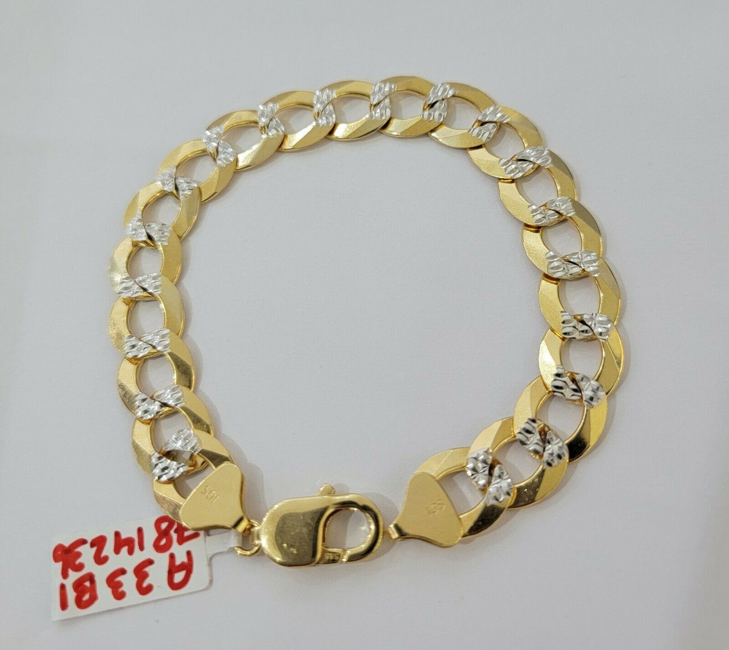 Solid 14k Gold Cuban Curb link Bracelet 9" 13.5mm 14kt Yellow Gold Diamond Cut - Reva Jeweler