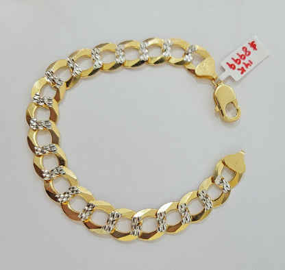 Solid 14k Gold Cuban Curb link Bracelet 9" 13.5mm 14kt Yellow Gold Diamond Cut - Reva Jeweler