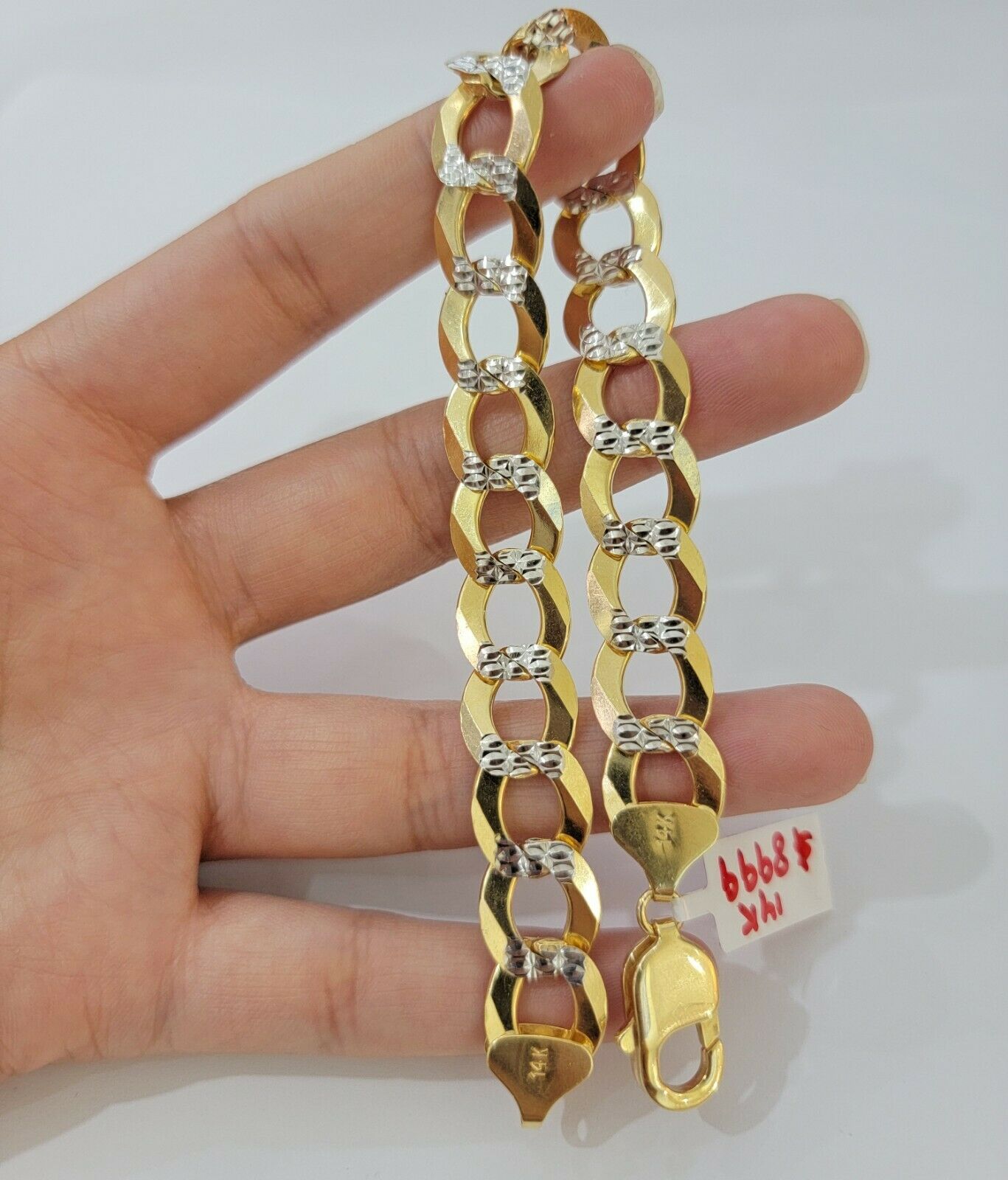 Solid 14k Gold Cuban Curb link Bracelet 9" 13.5mm 14kt Yellow Gold Diamond Cut - Reva Jeweler