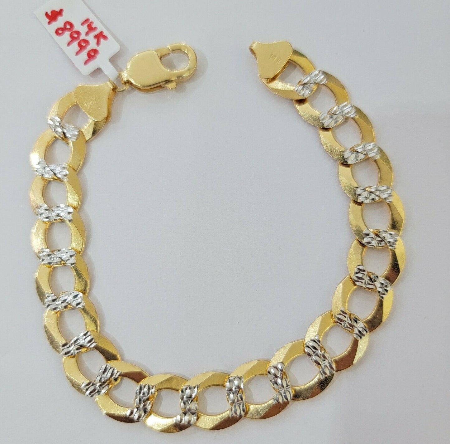 Solid 14k Gold Cuban Curb link Bracelet 9" 13.5mm 14kt Yellow Gold Diamond Cut - Reva Jeweler