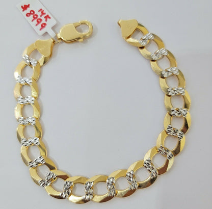 Solid 14k Gold Cuban Curb link Bracelet 9" 13.5mm 14kt Yellow Gold Diamond Cut - Reva Jeweler