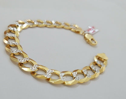Solid 14k Gold Cuban Curb link Bracelet 9 Inch 13.5mm Two - Tone Diamond Cut Heavy - Reva Jeweler
