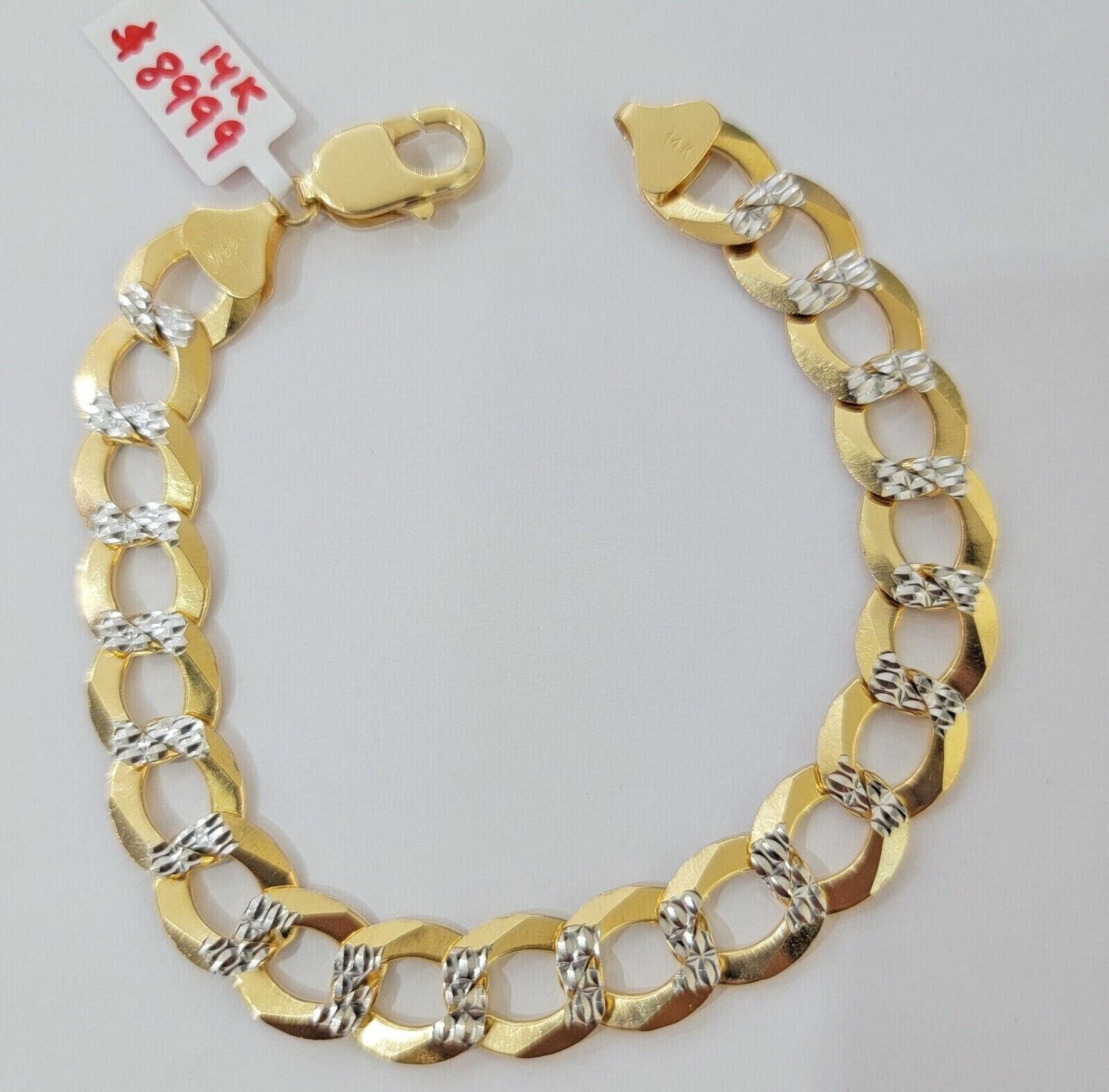 Solid 14k Gold Cuban Curb link Bracelet 9 Inch 13.5mm Two - Tone Diamond Cut Heavy - Reva Jeweler