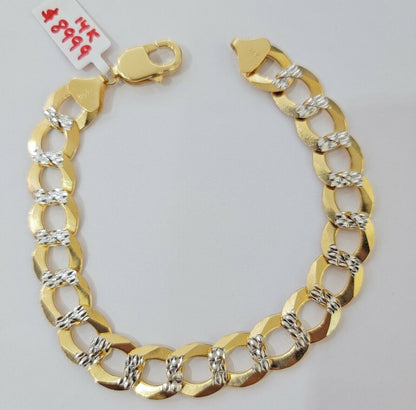 Solid 14k Gold Cuban Curb link Bracelet 9 Inch 13.5mm Two - Tone Diamond Cut Heavy - Reva Jeweler