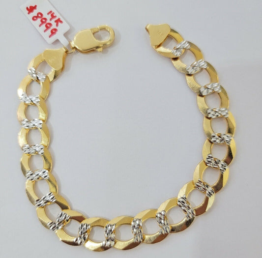Solid 14k Gold Cuban Curb link Bracelet 9 Inch 13.5mm Two - Tone Diamond Cut Heavy - Reva Jeweler