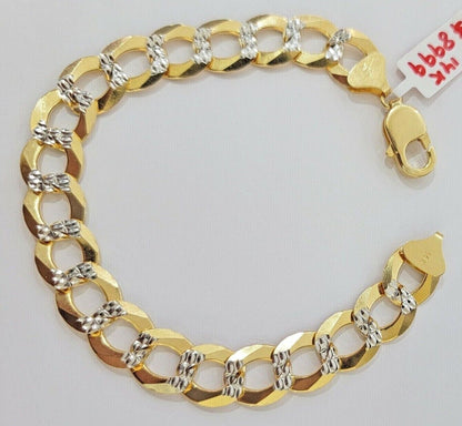 Solid 14k Gold Cuban Curb link Bracelet 9 Inch 13.5mm Two - Tone Diamond Cut Heavy - Reva Jeweler