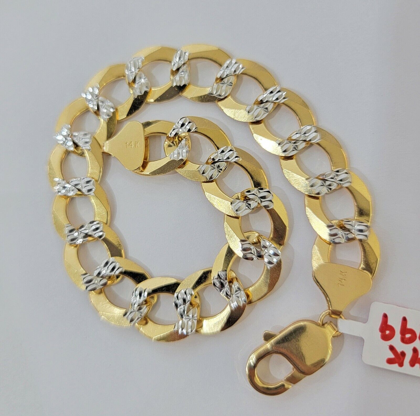 Solid 14k Gold Cuban Curb link Bracelet 9 Inch 13.5mm Two - Tone Diamond Cut Heavy - Reva Jeweler
