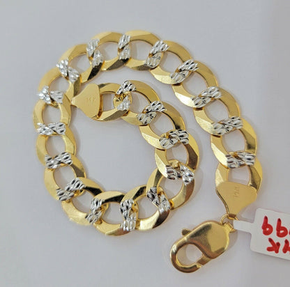 Solid 14k Gold Cuban Curb link Bracelet 9 Inch 13.5mm Two - Tone Diamond Cut Heavy - Reva Jeweler
