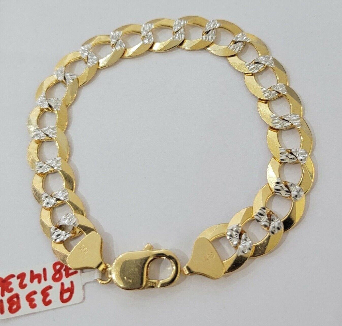 Solid 14k Gold Cuban Curb link Bracelet 9 Inch 13.5mm Two - Tone Diamond Cut Heavy - Reva Jeweler