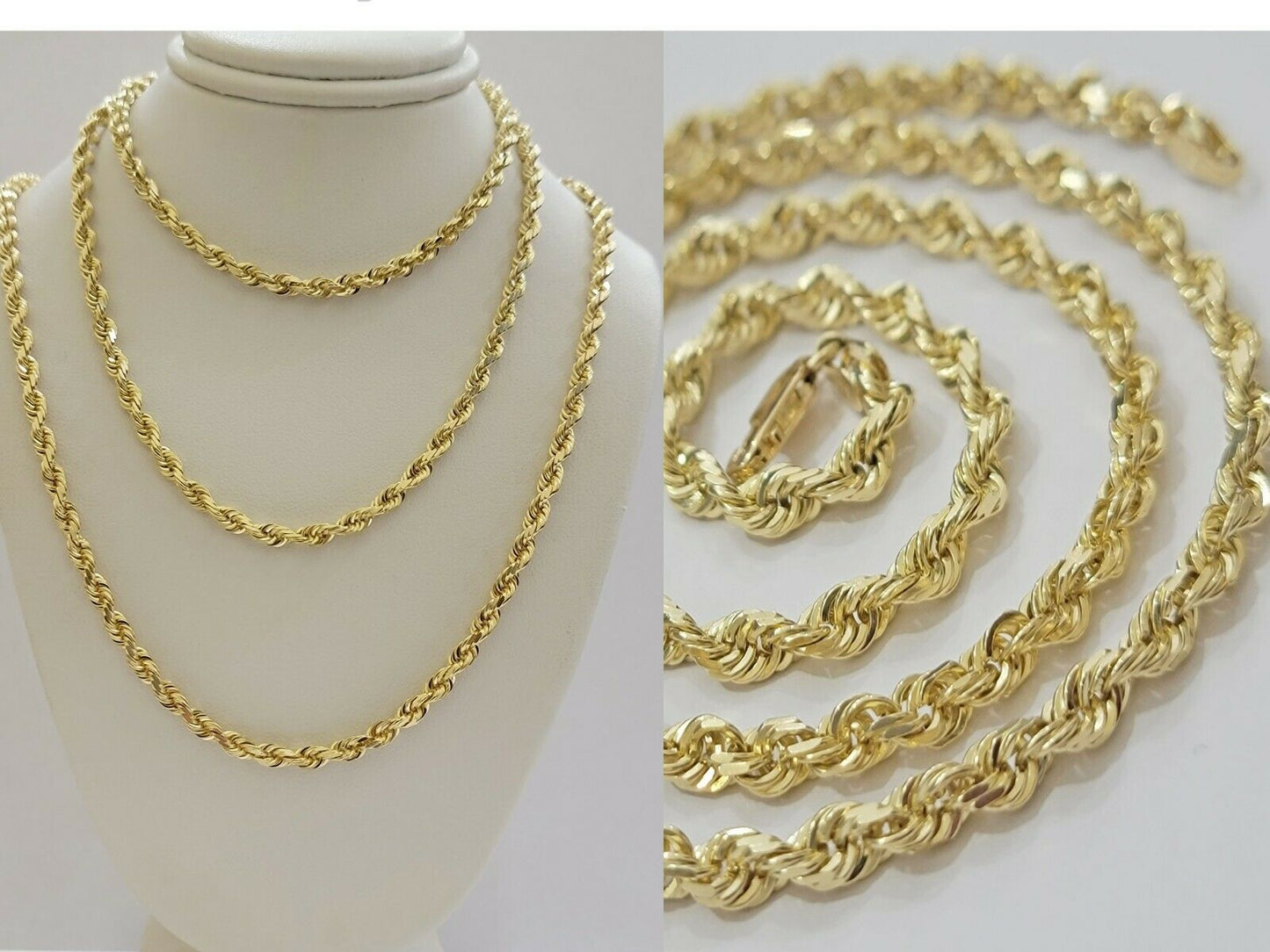 Solid 14k Gold Rope Chain Necklace 4mm 18" - 30" Inch REAL 14KT Yellow Gold - Reva Jeweler