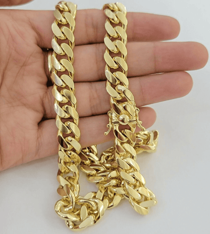Solid 14k Miami Cuban Link Chain Necklace 9.5mm 14kt Yellow Gold 24" REAL Men's - Reva Jeweler