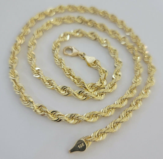 Solid Gold Rope Chain 10k Yellow Gold Necklace 24" 5mm Diamond Cut,Lobster, REAL - Reva Jeweler