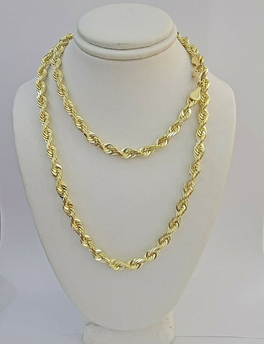 Solid Gold Rope Chain 10k Yellow Gold Necklace 24" 5mm Diamond Cut,Lobster, REAL - Reva Jeweler