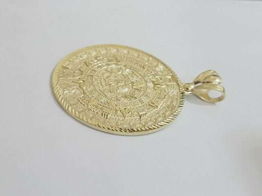 SOLID Real 10kt Yellow Gold Pendant Aztec Mayan Calendar 2.5" Men's Round Charm - Reva Jeweler
