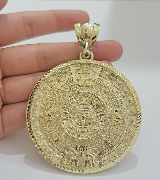 SOLID Real 10kt Yellow Gold Pendant Aztec Mayan Calendar 2.5" Men's Round Charm - Reva Jeweler