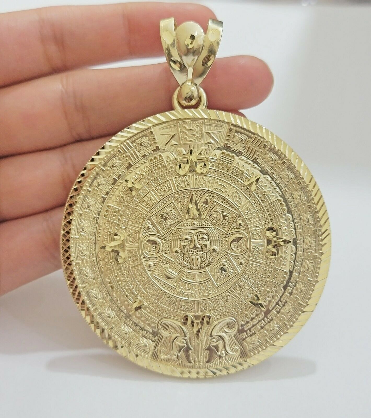 SOLID Real 10kt Yellow Gold Pendant Aztec Mayan Calendar 2.5" Men's Round Charm - Reva Jeweler