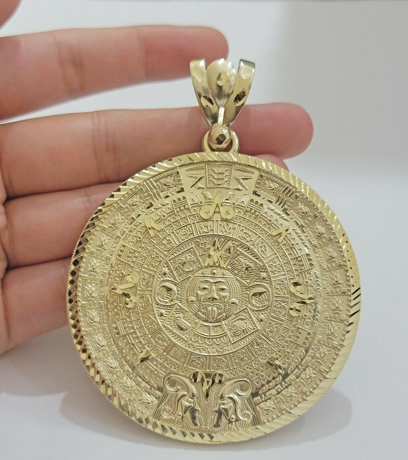 SOLID Real 10kt Yellow Gold Pendant Aztec Mayan Calendar 3" Men Charm 41 - 44 Gram - Reva Jeweler