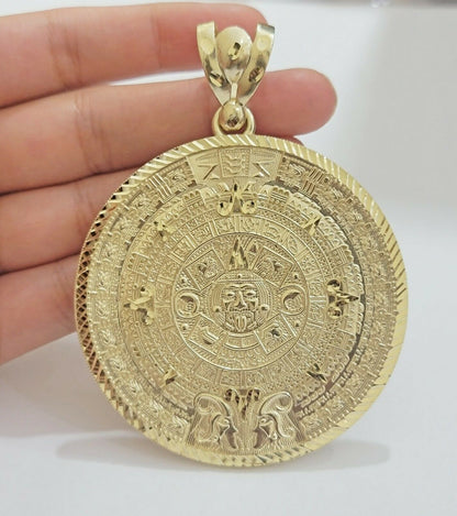 SOLID Real 10kt Yellow Gold Pendant Aztec Mayan Calendar 3" Men Charm 41 - 44 Gram - Reva Jeweler