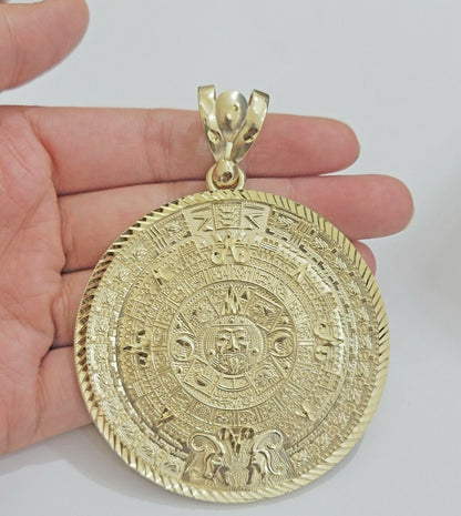 SOLID Real 10kt Yellow Gold Pendant Aztec Mayan Calendar 3" Men Charm 41 - 44 Gram - Reva Jeweler