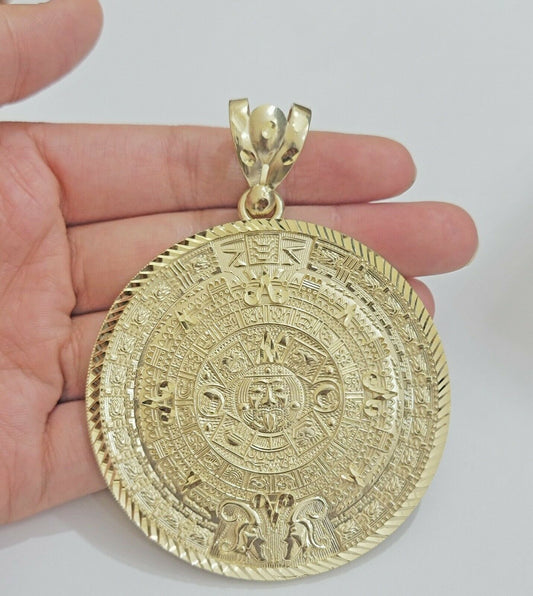 SOLID Real 10kt Yellow Gold Pendant Aztec Mayan Calendar 3" Men Charm 41 - 44 Gram - Reva Jeweler