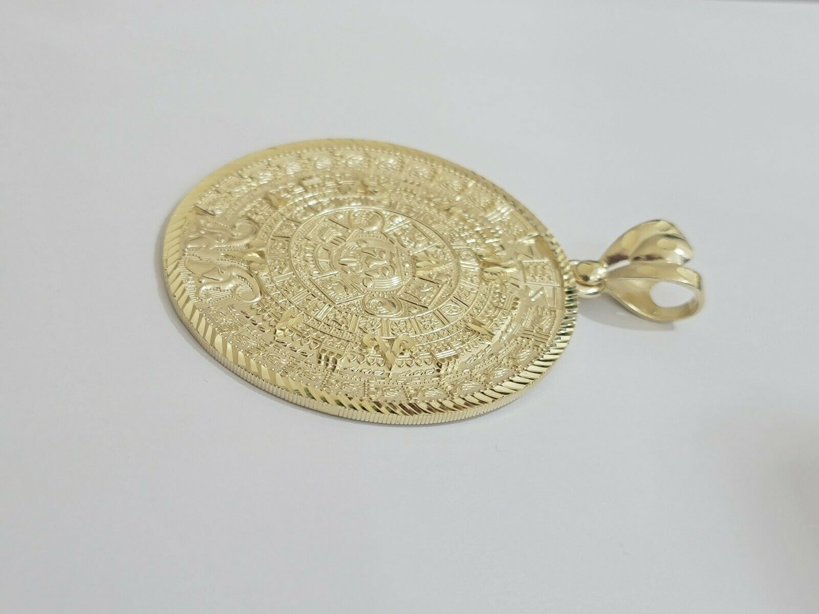 SOLID Real 10kt Yellow Gold Pendant Aztec Mayan Calendar 3" Men Charm 41 - 44 Gram - Reva Jeweler
