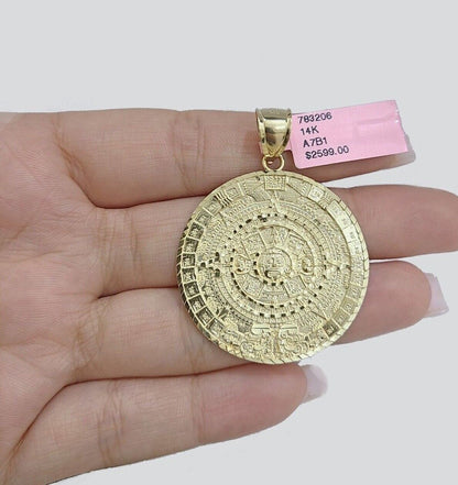 SOLID Real 14k Gold Charm Pendant Aztec Mayan Calendar 2" Men's Round Style 14k - Reva Jeweler