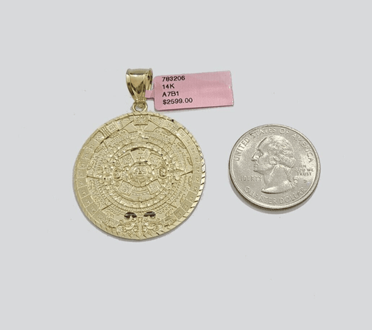 SOLID Real 14k Gold Charm Pendant Aztec Mayan Calendar 2" Men's Round Style 14k - Reva Jeweler