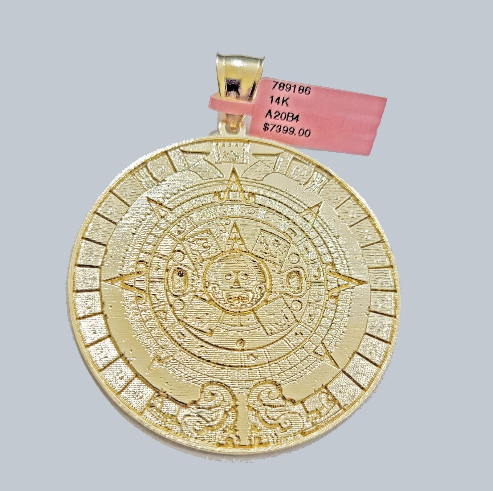 SOLID Real 14k Gold Charm Pendant Aztec Mayan Calendar 2" Men's Round Style 14k - Reva Jeweler